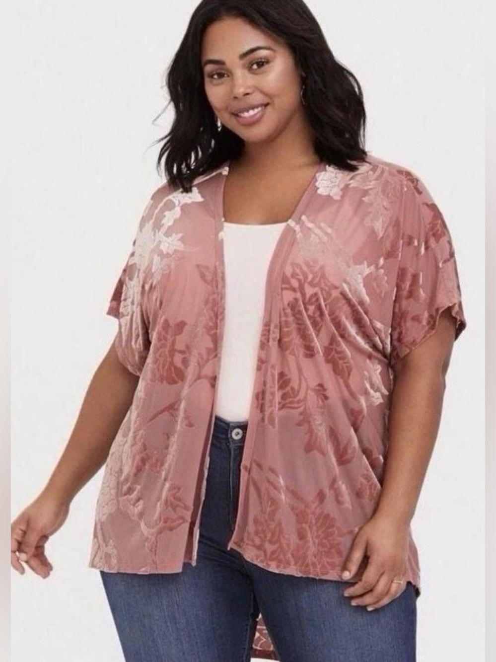 Torrid Pink Velvety Floral Open-Front Kimono, Size: 3-4X
